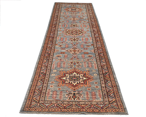 11 Feet Gray Kazak Afghan Hand Knotted Wool Runner Rug